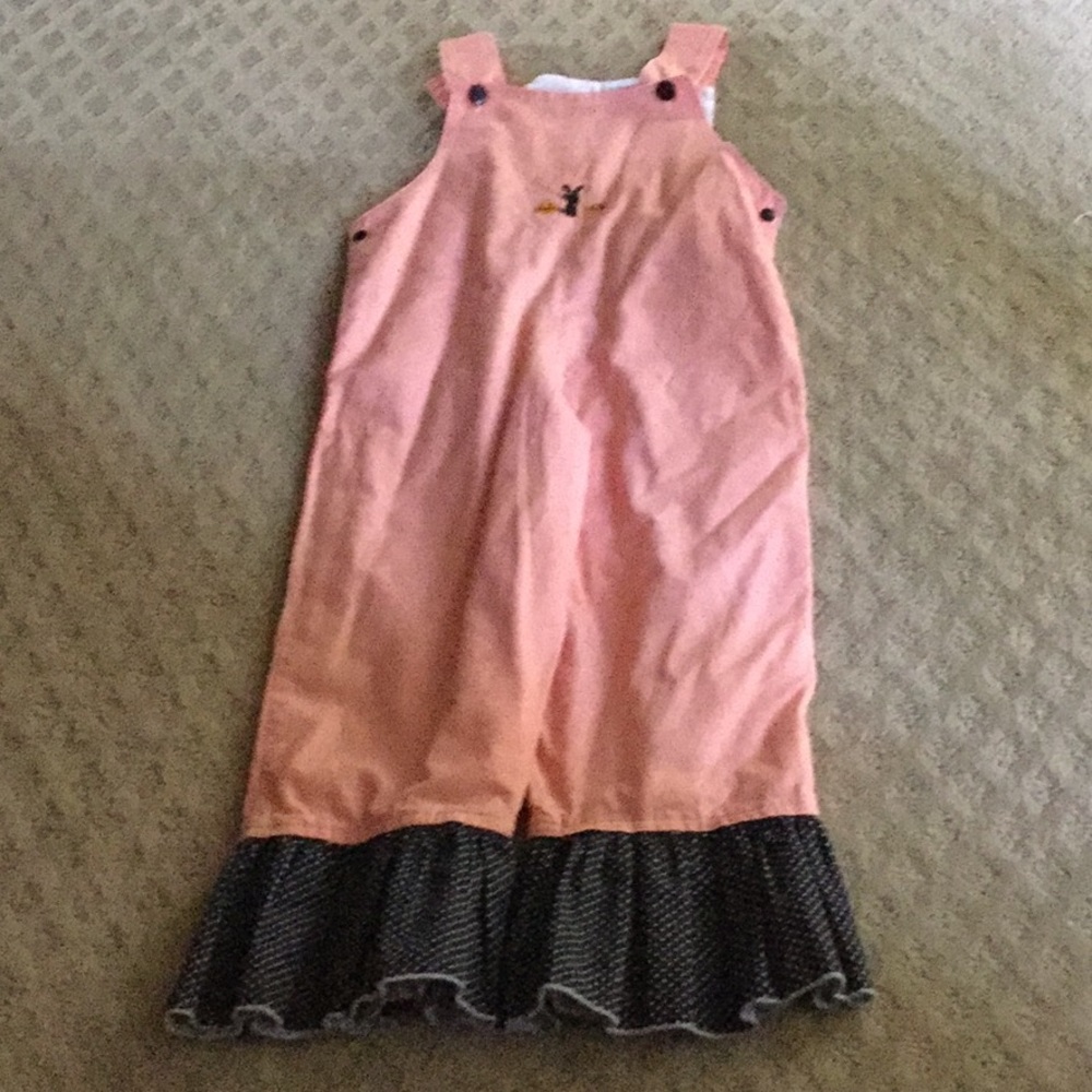 Fall overalls with large black polka dot ruffle